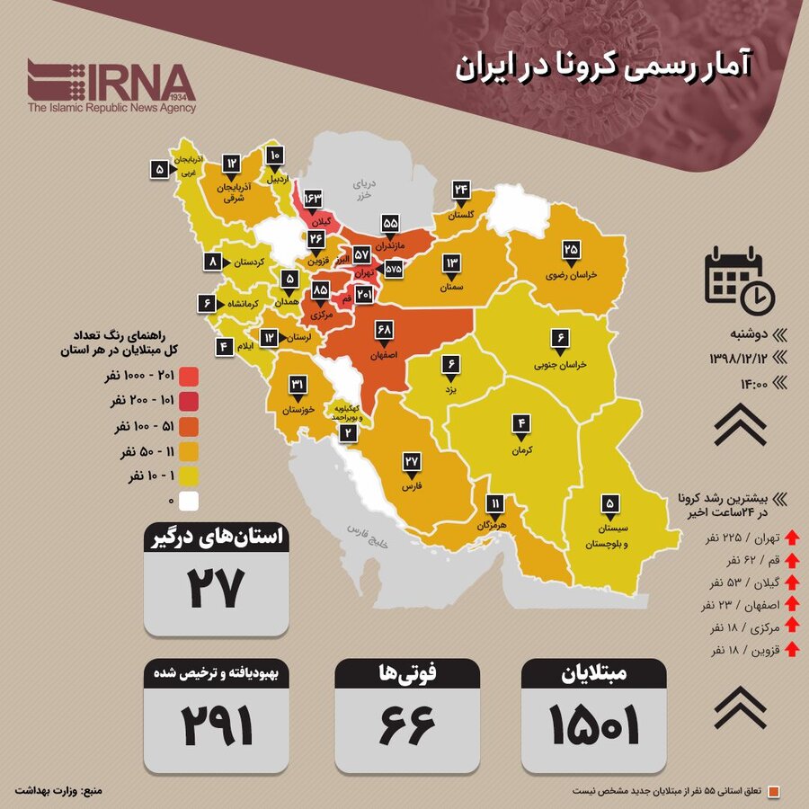 آمار رسمی کرونا در ایران (۱۳۹۸/۱۲/۱۲)