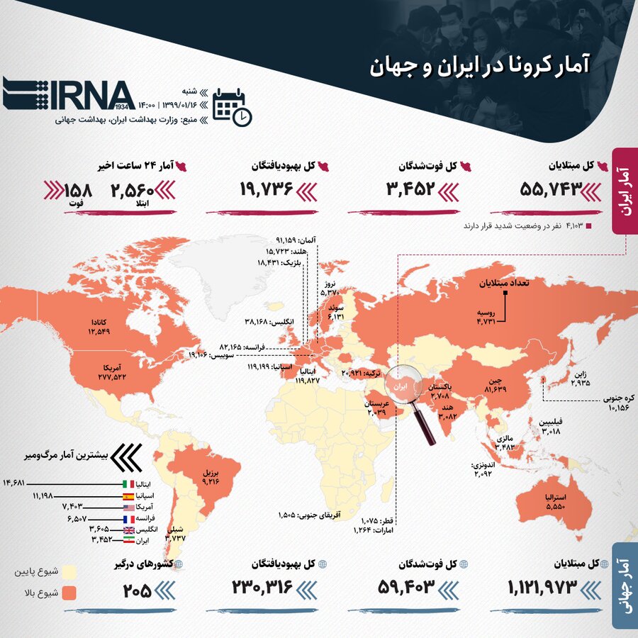 آمار کرونا در ایران و جهان 16 فروردین