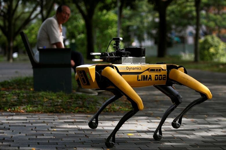 ربات سگ چهارپا در پارک‌های سنگاپور که در جست‌وجوی ویروس کروناست.