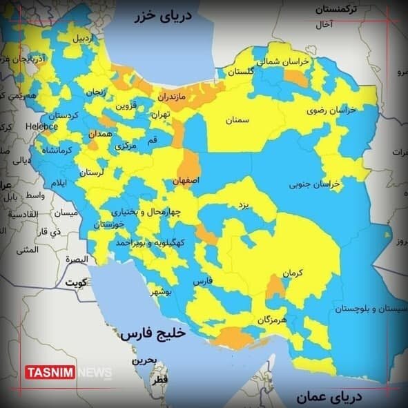 نقشه | رنگبندی جدید کرونا در ایران | افزایش شهرهای نارنجی به ۳۶ مورد | جزایر جنوبی تغییر رنگ دادند