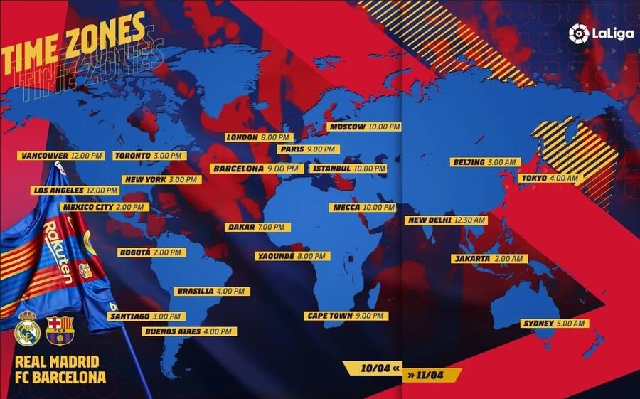 عکس | اوج هیجان در ال‌کلاسیکو | ساعت دیدار بارسلونا - رئال مادرید در نقاط مختلف جهان