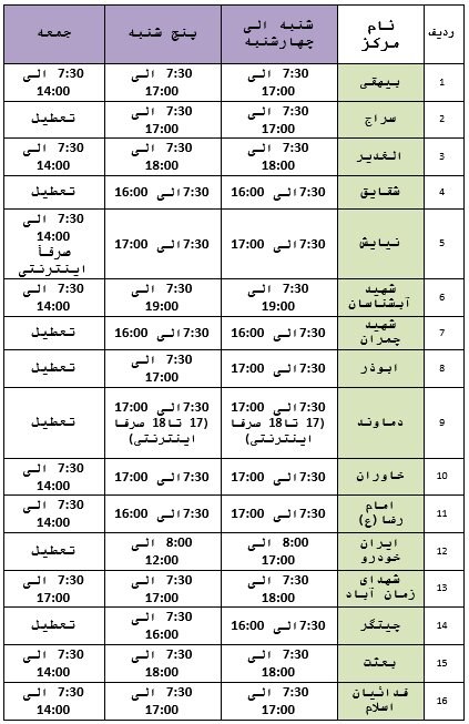 جدول ساعت کاری جدید مراکز معاینه فنی تهران