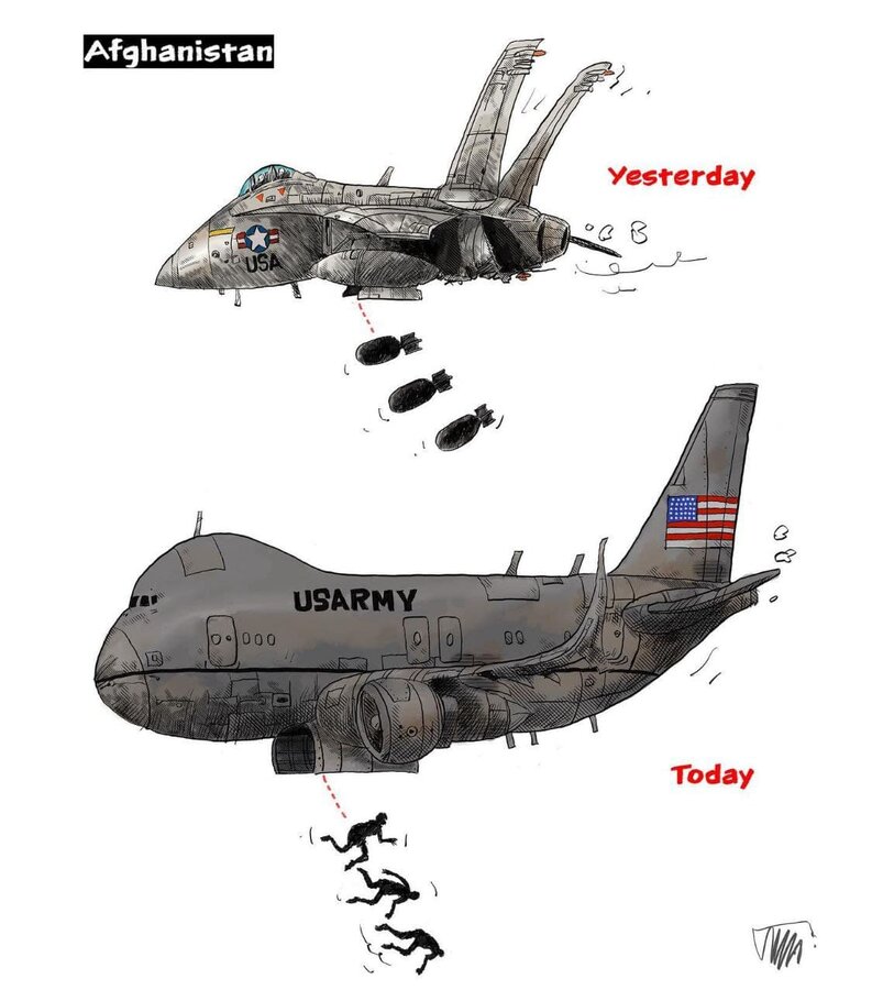 تصاویر | سقوط افغان ها از هواپیمای آمریکایی در نگاه کاریکاتوریست‌ها