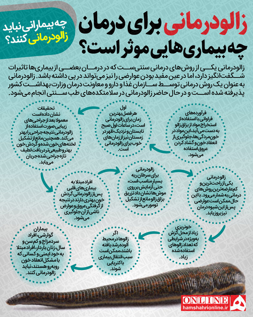 گرافیک | زالودرمانی برای درمان چه بیماریهایی موثر است؟ | چه بیمارانی نباید زالودرمانی کنند؟