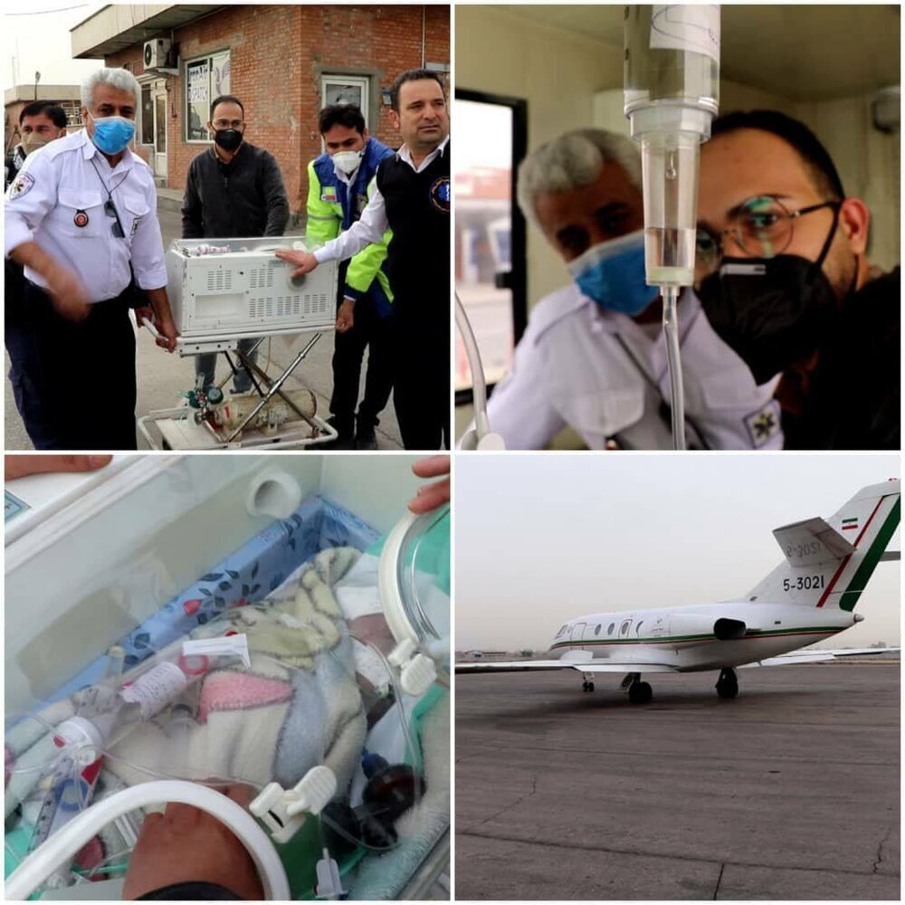 تصاویر انتقال نوزاد یک‌ ماهه با مشکل قلبی با جت فالکون به تهران