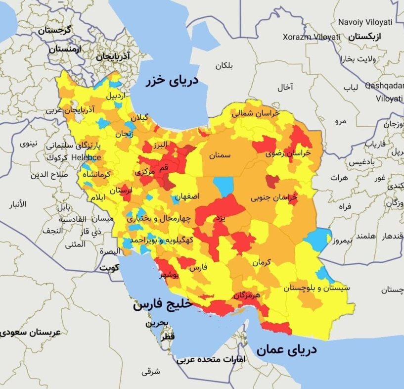 آبی‌های نقشه کرونایی ایران کمتر از همیشه | تهران و مشهد هم قرمز شدند | افزایش بی‌سابقه بستری نوزادان و کودکان 