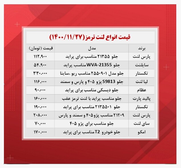  لنت ترمز را چند بخریم؟ | جدول قیمت ها