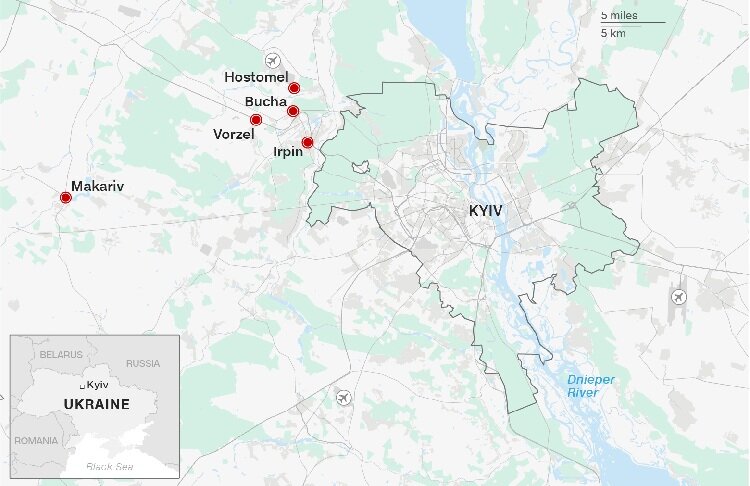 نقشه‌ای از محل‌های درگیری ارتش روسیه و نیروهای اوکراینی در نزدیکی کی‌یف