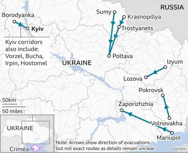 نقشه راهروهای امن برای فرار از شهرهای ناامن | چه تعداد غیرنظامی اوکراینی در آتشبس تخلیه شدند؟