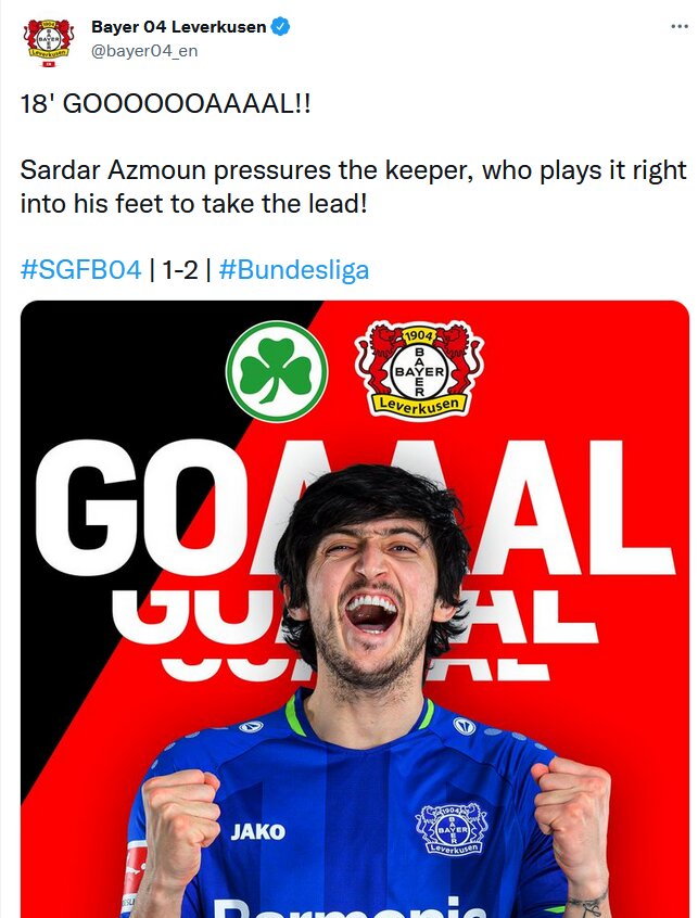 عکس | واکنش طنز آمیز باشگاه بایرلورکوزن به اولین گل سردار آزمون