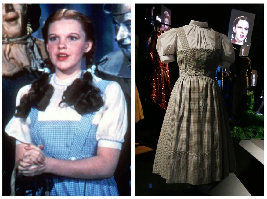 عکس | لباس گم‌شده میلیون دلاری جادوگر شهر اوز که در جعبه کفشی پیدا شد | حراج لباس چهارخانه آبی و سفید جودی گارلند در بونهامز 