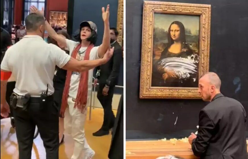 عکس و ویدئو | حمله مردی با کیک خامه‌ای به سمت تابلوی مشهور مونالیزا در موزه لوور  