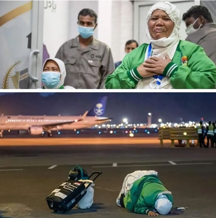 عکس | سجده در فرودگاه ؛ متفاوتترین سجده شکر زائران در مدینه منوره