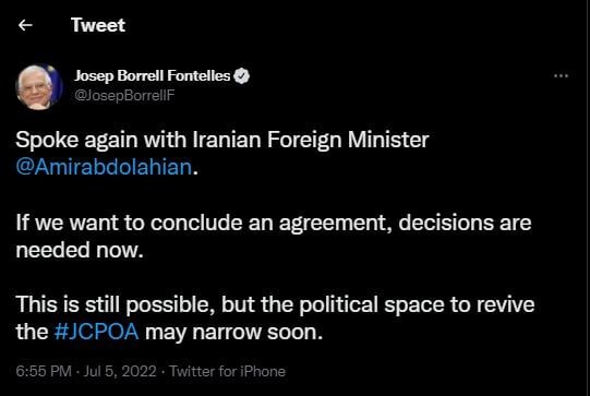 خبر مهم جوزپ بورل درباره برجام ؛ دوباره تلفنی با امیرعبداللهیان گفتوگو کردم