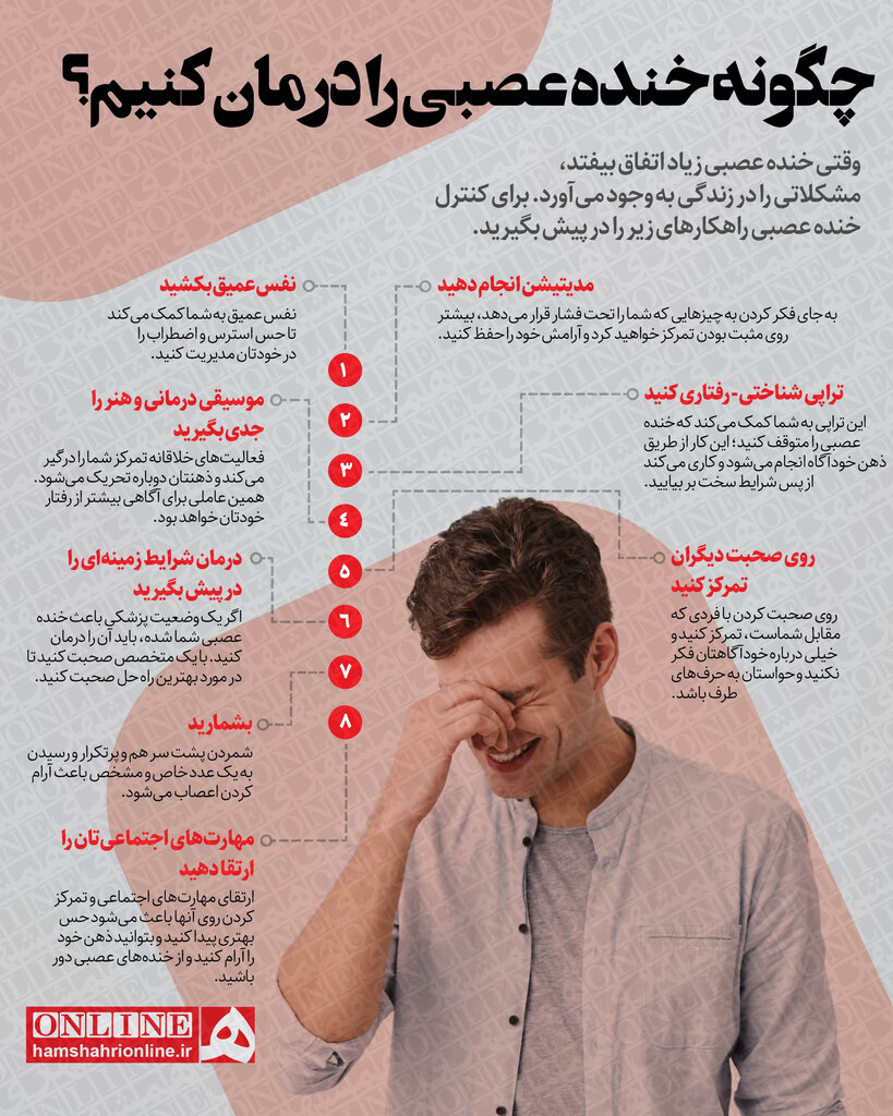 اینفوگرافیک | چگونه خنده عصبی را درمان کنیم؟ | همه چیز درباره خنده عصبی و علل و درمانش