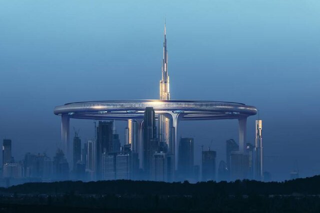 ماجرای تصاویر هیجان انگیز سازه غول‌پیکر دور برج خلیفه دوبی | حلقه‌ای به ارتفاع ۵۵۰ متر؛ زندگی در شهر عمودی با اسکای پارک رویایی