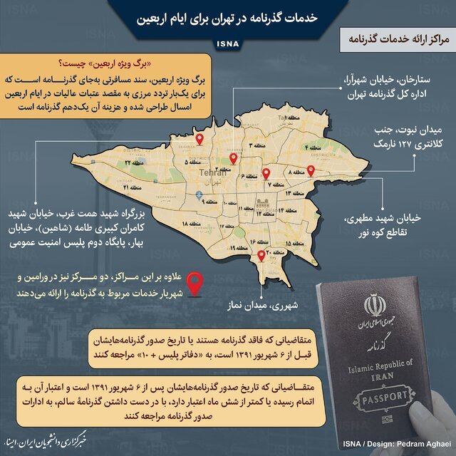 اینفوگرافیک ۷ مرکز ارائه خدمات گذرنامه در تهران برای اربعین کجاست؟ | نکاتی مهم درباره سفر امسال اربعین