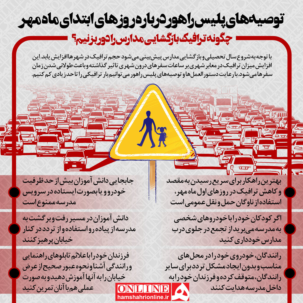 اینفوگرافیک | توصیه‌های پلیس راهور درباره روزهای ابتدای ماه مهر | چگونه ترافیک بازگشایی مدارس را دور بزنیم؟