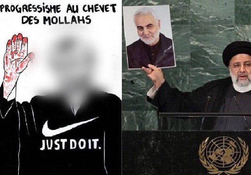 عکس | عصبانیت شارلی ابدو از دستی که تصویر حاج قاسم را در سازمان ملل بالا برد | اهانت به سردار سلیمانی و رییس‌جمهوری ایران با یک کاریکاتور