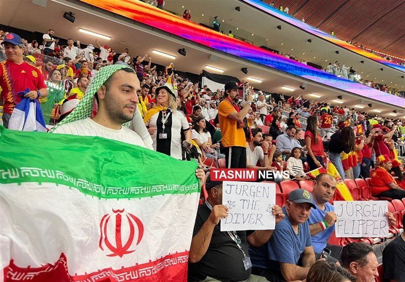 تصاویر | حرکت خاص ایرانی‌ها علیه کلینزمن در دیدار آلمان - اسپانیا | هواداران ایرانی اینگونه پاسخ توهین‌های کلینزمن را دادند