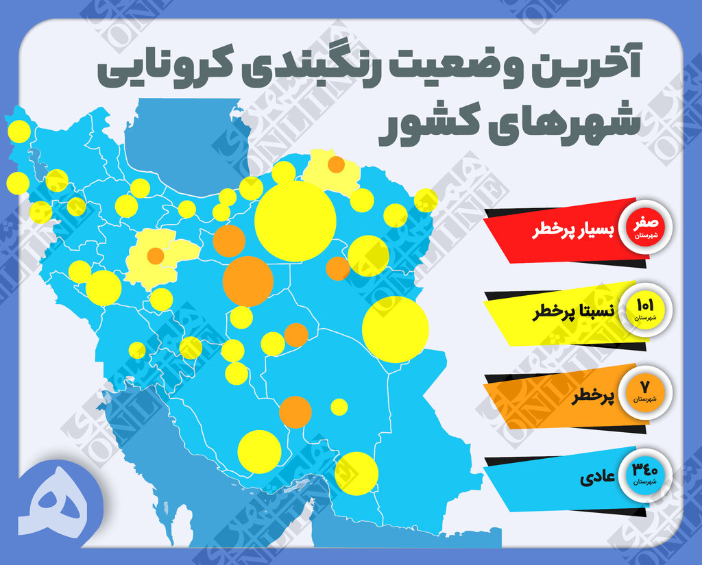 آخرین وضعیت رنگبندی کرونایی شهرهای کشور | کدام شهرها از رنگ آبی به زرد تبدیل شدند؟