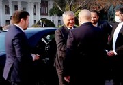 ببینید | شوخی رئیس مجلس روسیه با قالیباف در لحظه ورود | لحظه استقبال رسمی قالیباف از همتای روس