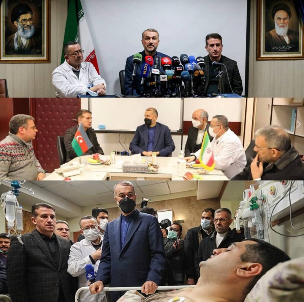 عکس ا توییت معنادار وزیر امورخارجه در باره حادثه عجیب دیروز ؛ امیرعبداللهیان تصاویر عیادتش از کارکنان سفارت آذربایجان را منتشر کرد