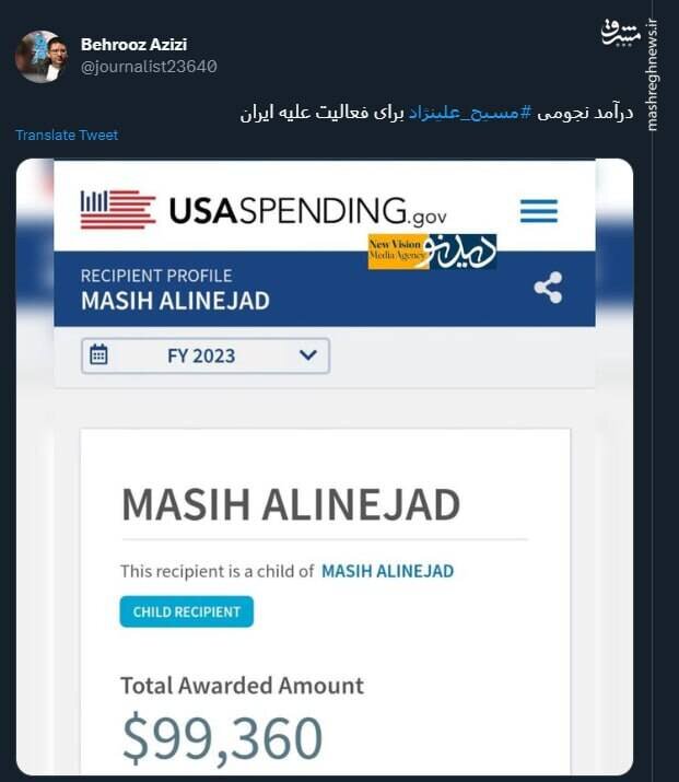 عکس | درآمد نجومی ماهیانه مسیح علی نژاد برای فعالیت علیه ایران | مدرک جنجالی را ببینید