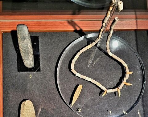 گردنبدی از دوره آغاز نوسنگی با دندان‌های گرگ، ‌ حدود ۱۰ هزار سال پیش از میلاد
یافته شده از محوطه غار هوتو، مازندران