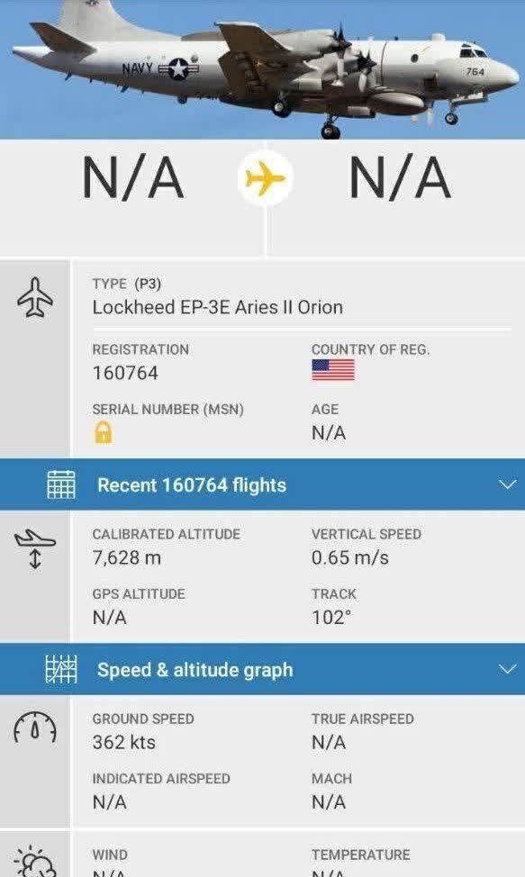 تصاویر | هواپیمای جاسوسی آمریکا قصد ورود به آسمان ایران را داشت؟ | موقعیت و ویژگیهای EP-۳E نیروی دریایی آمریکا در مرز ایران