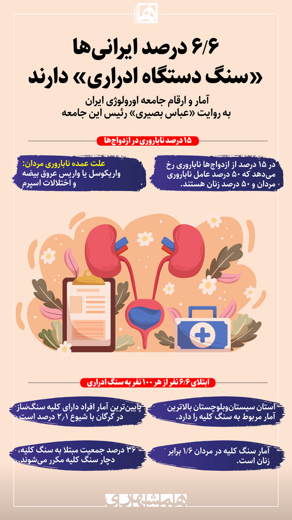 اینفوگرافیک | کدام استان بیشترین و کدام کمترین آمار سنگ کلیه را دارد؟ | ۶.۶ درصد ایرانیها سنگ دستگاه ادراری دارند