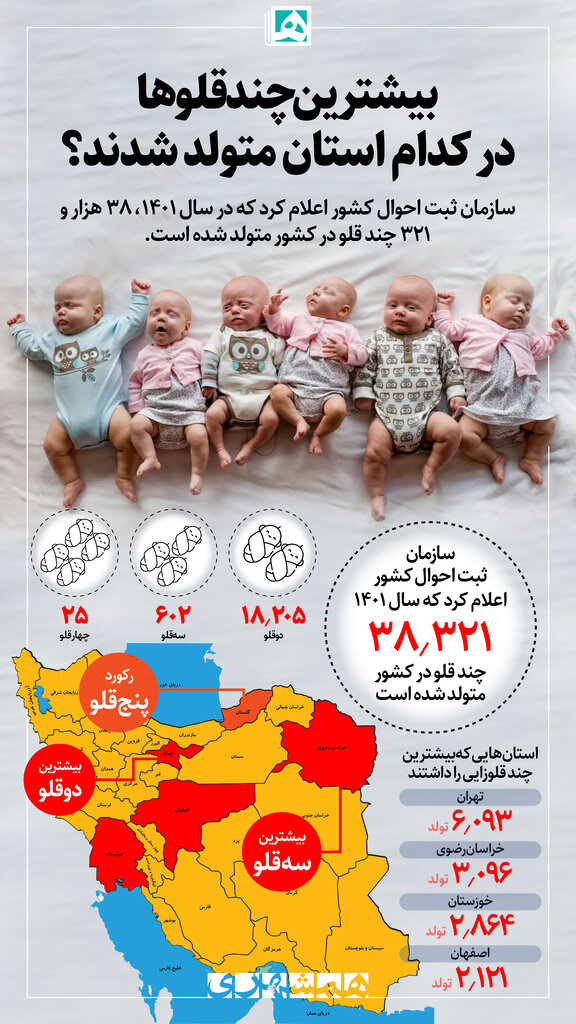 اینفوگرافیک | بیشترین چندقلوها در کدام استان به دنیا آمدند؟ | آخرین آمار چندقلوزایی در کشور