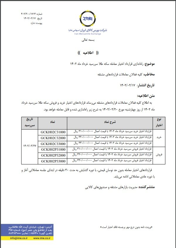 راه اندازی قرارداد اختیار معامله سکه طلا با سررسید خرداد در بورس