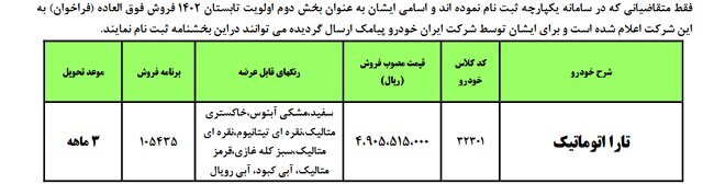 زمان واریز وجه برای منتخبان فروش فوقالعاده تارا اتوماتیک مشخص شد