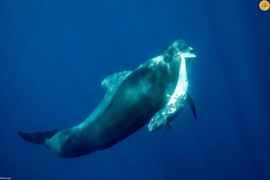 یک نهنگ خلبان ماده باله کوتاه که بچه مرده خود را حمل می‌کند.

