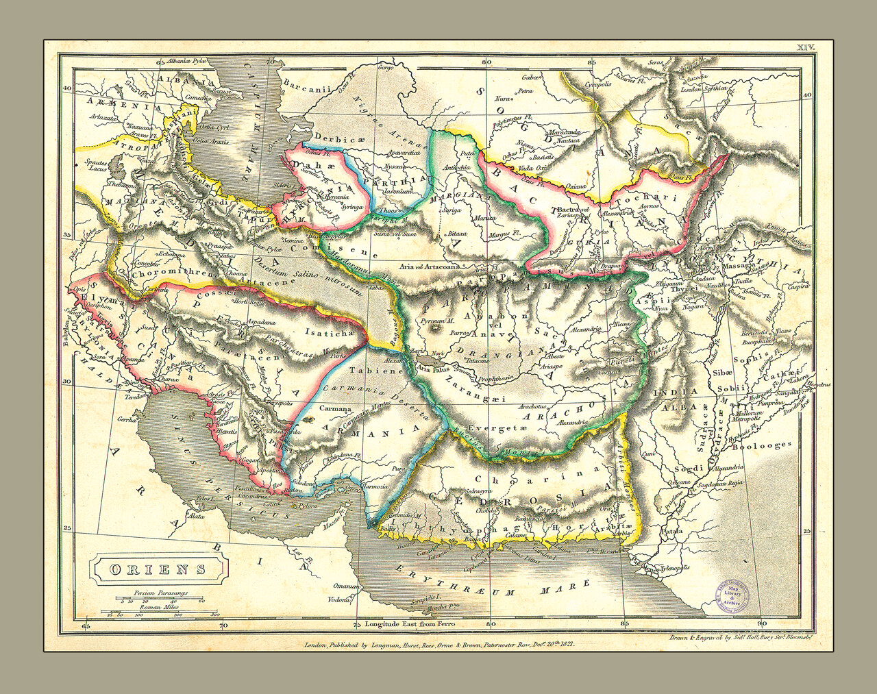 نقشه‌نگار انگليسي، «سيدني هال» در سال 1821 ميلادي اين نقشه را ترسيم كرده. در اين نقشه كه خاورزمين (Oriens) نام دارد، نام خليج‌فارس به‌صورت Sinus Persicus آمده است.