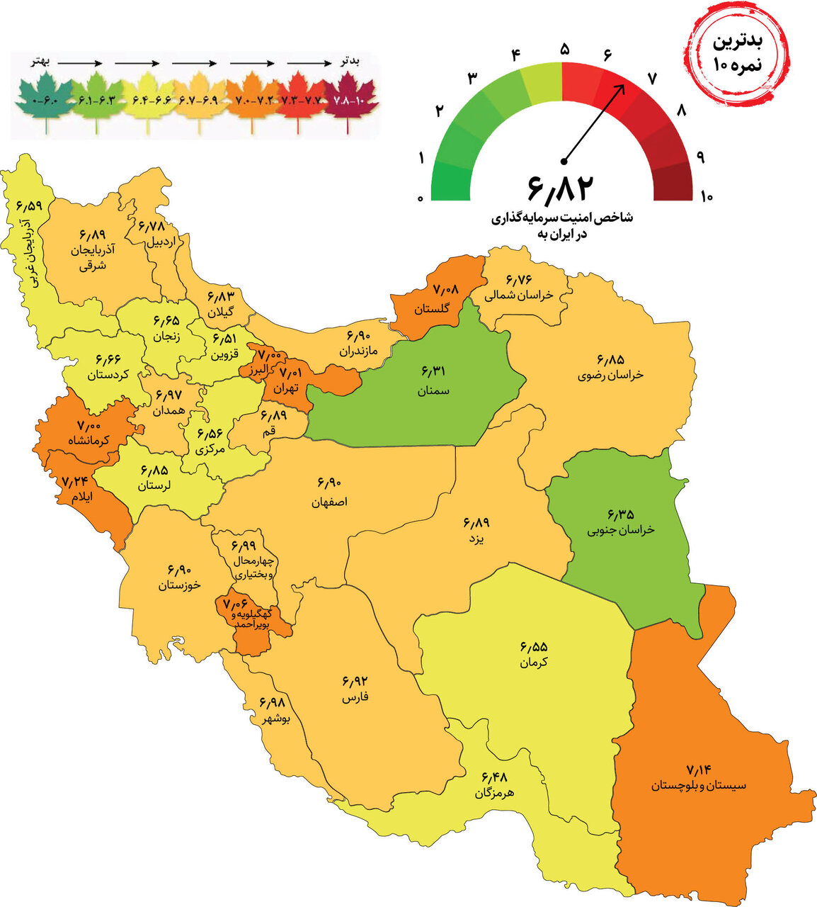 نقشه امنیت سرمایهگذاری در ۳۱ استان | طبق رتبهبندی شاخص ملی امنیت سرمایهگذاری این استان ها بهترین هستند