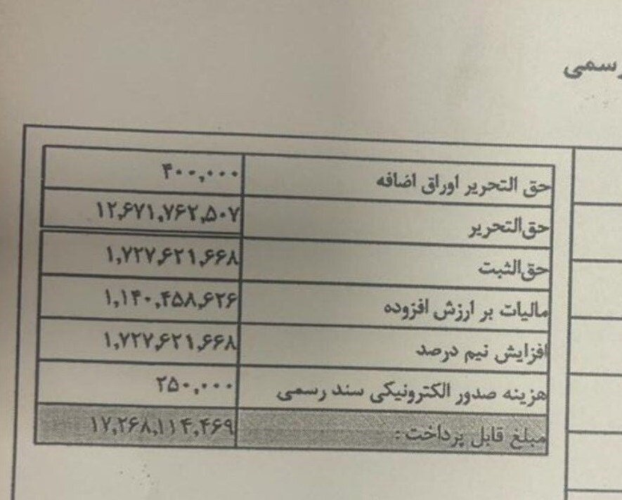 حق‌ ثبت ۱.۲ میلیارد تومانی دفترخانه بابت تنظیم فقط یک سند در تهران ؛ مستندات آن را ببینید