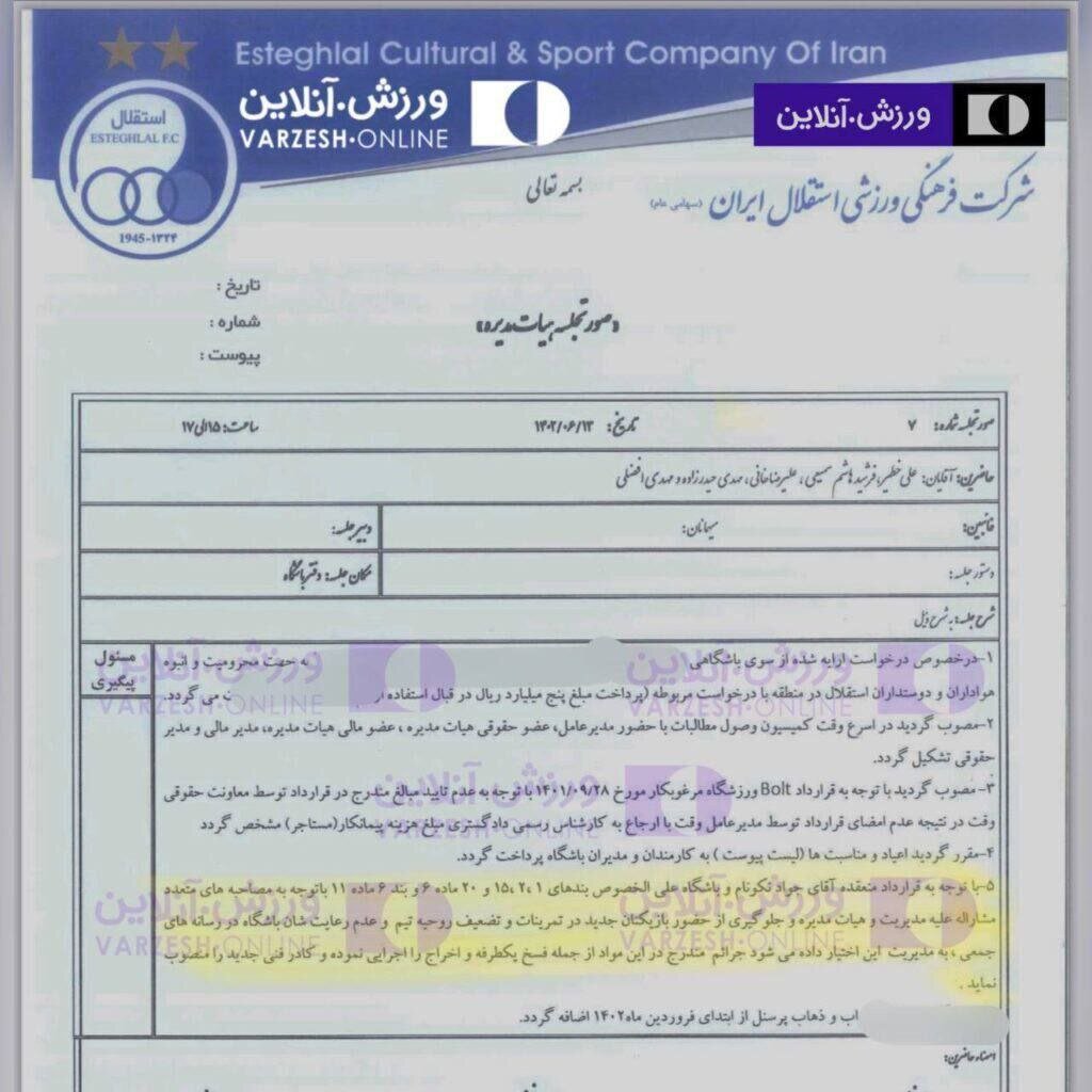 صورتجلسه اخراج نکونام و واکنش خطیر | قبلش من استعفا می دهم و از استقلال می روم