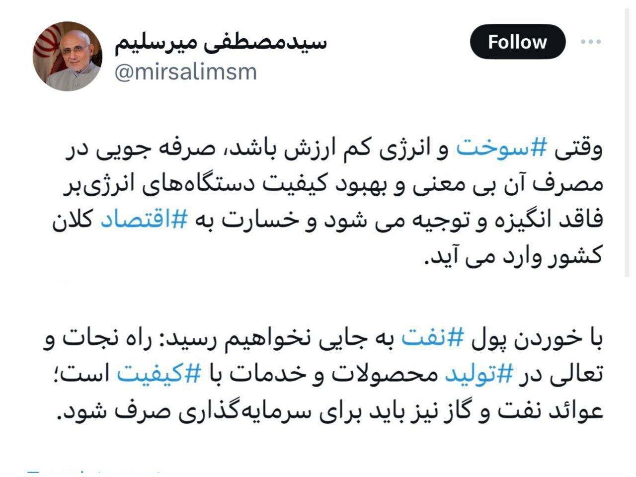 میرسلیم خواستار افزایش قیمت سوخت شد