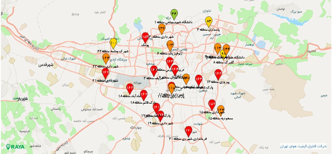 نقشه آلودگي هواي تهران در روز يكشنبه 5 آذر 1402