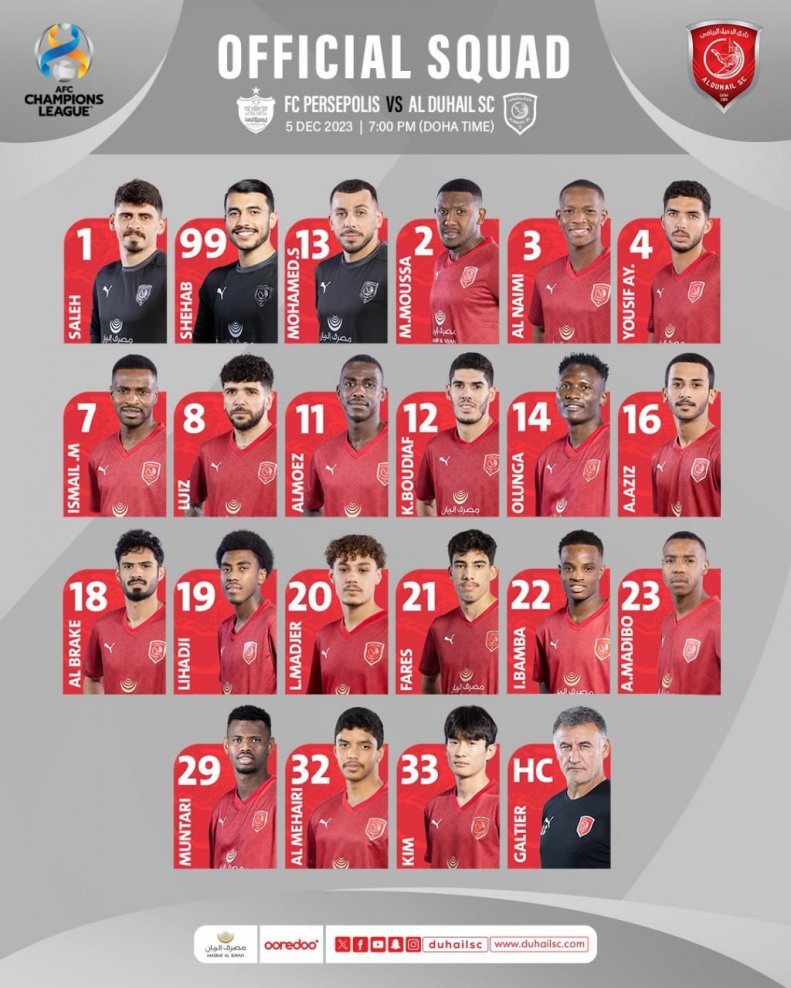 غایبان بزرگ الدحیل در مقابل پرسپولیس