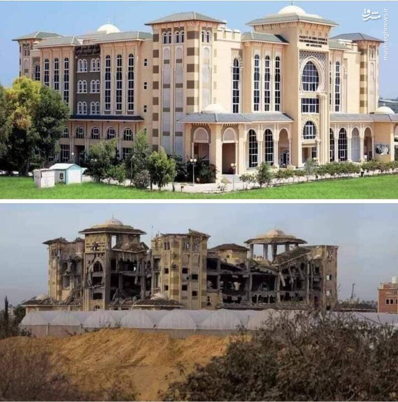 عکس/ دانشگاه الازهر غزه قبل و بعد از بمباران