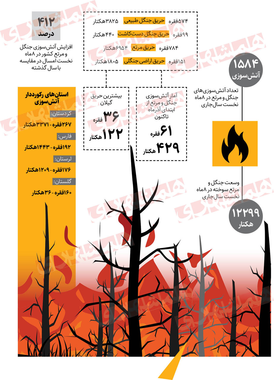 سودجویان عرصه‌های طبیعی را برای افزایش اراضی آتش می‌زنند | بیشترین آتش‌سوزی‌ جنگل در چه ساعاتی رخ می‌دهد؟ + اینفوگرافیک