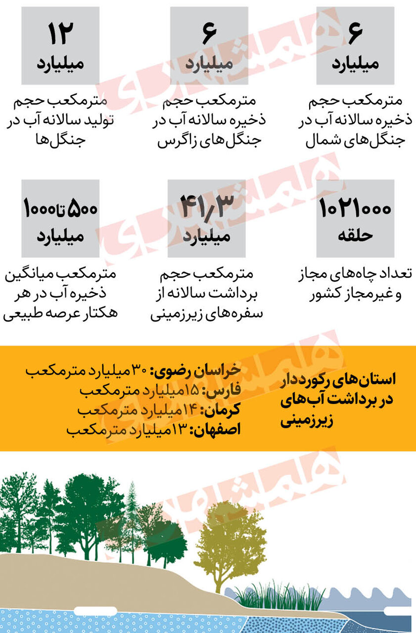 ذخیره ۱۲ میلیارد مترمکعب آب در جنگلها | ۴ استان رکورد دار در برداشت از سفرههای آب زیرزمینی + اینفوگرافیک