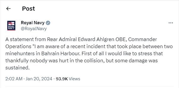 نخستین واکنش انگلیس در پی تصادف ۲ ناو این کشور با یکدیگر