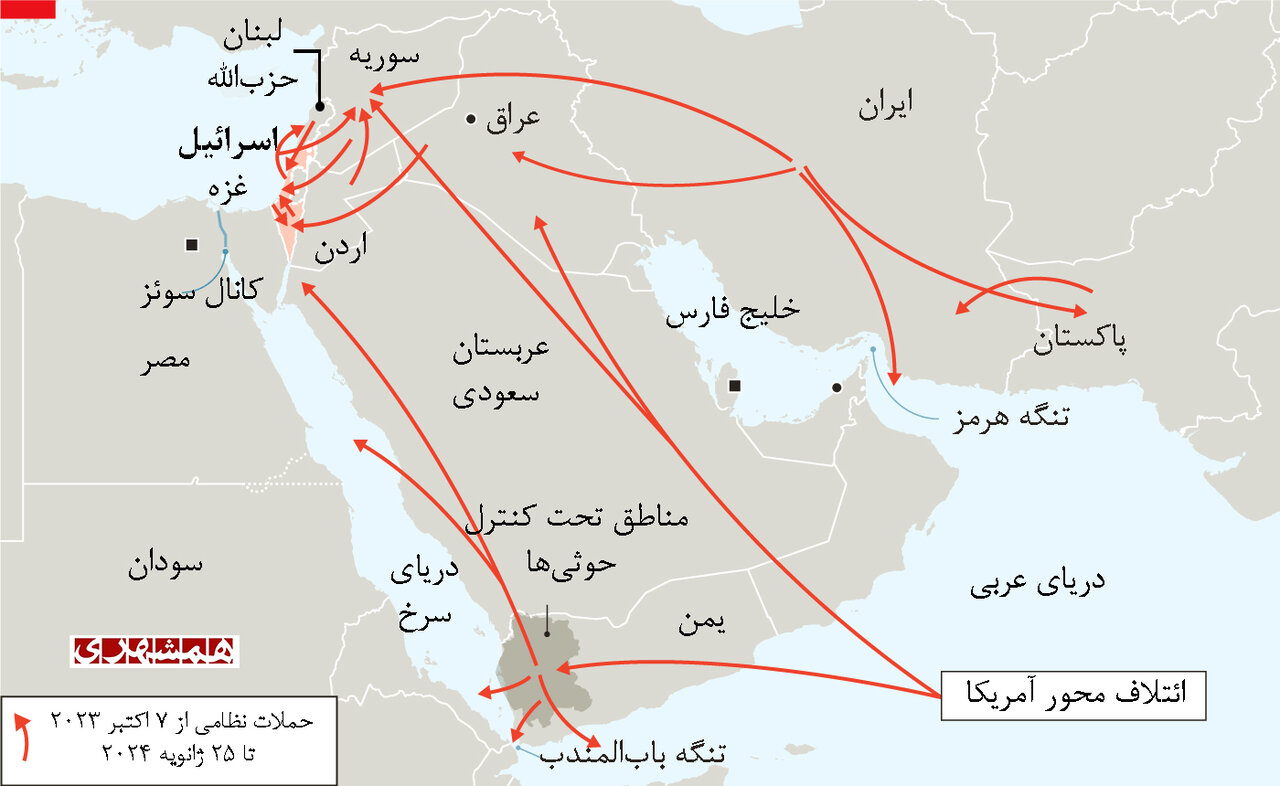 اکونومیست: جنگ در خاورمیانه شبیه کاسه اسپاگتی است | نقشه بمباران‌های ۱۱۰ روزه در خاورمیانه ؛ مصر در شوک اقتصادی