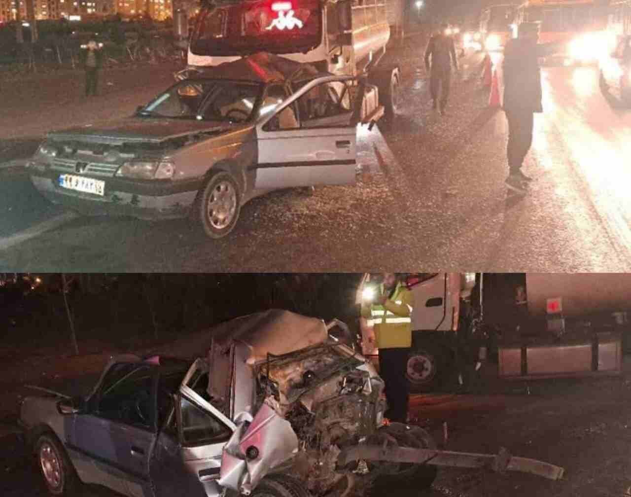تصاویر تصادف مرگبار اتوبان تهران - ساوه ؛ پژو مچاله شد | تصاویر