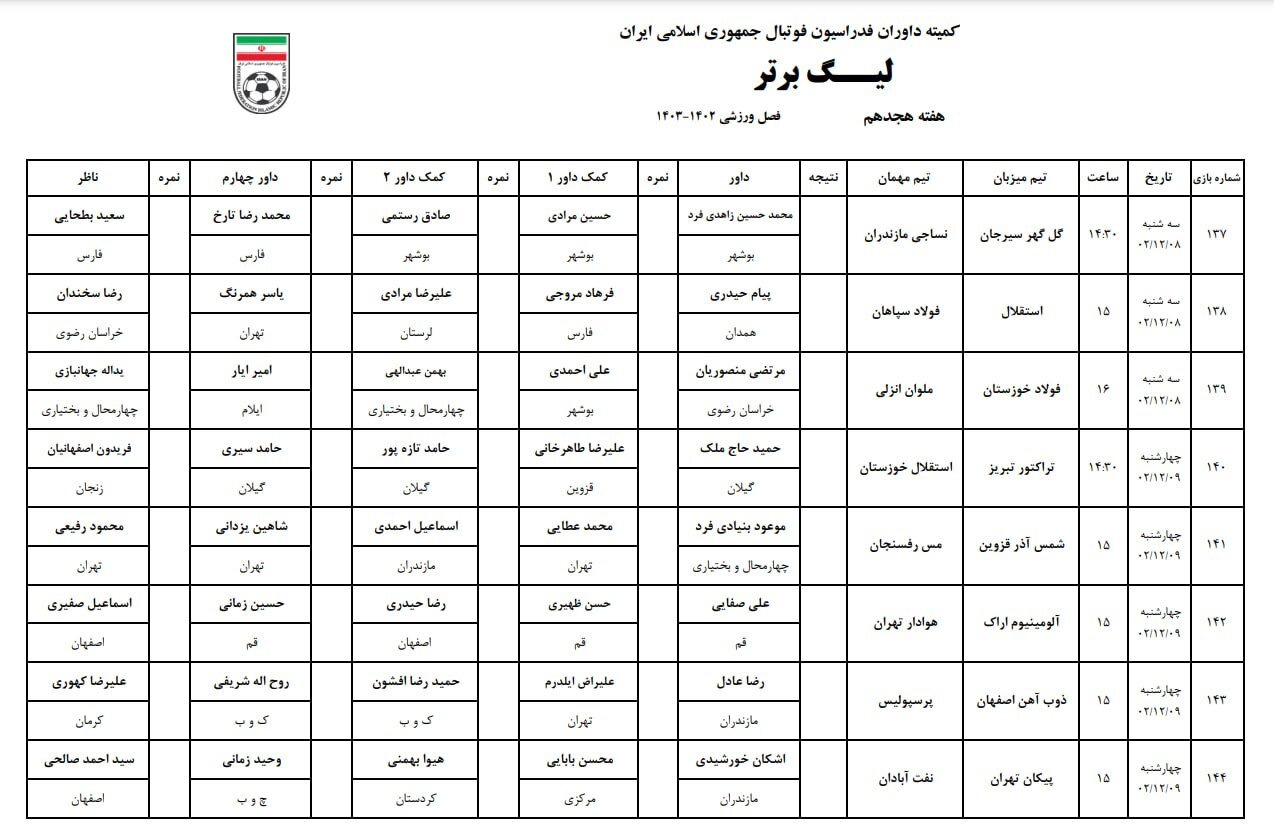 اسامی داوران هفته هجدهم لیگ برتر | داور حساس ترین بازی هفته مشخص شد
