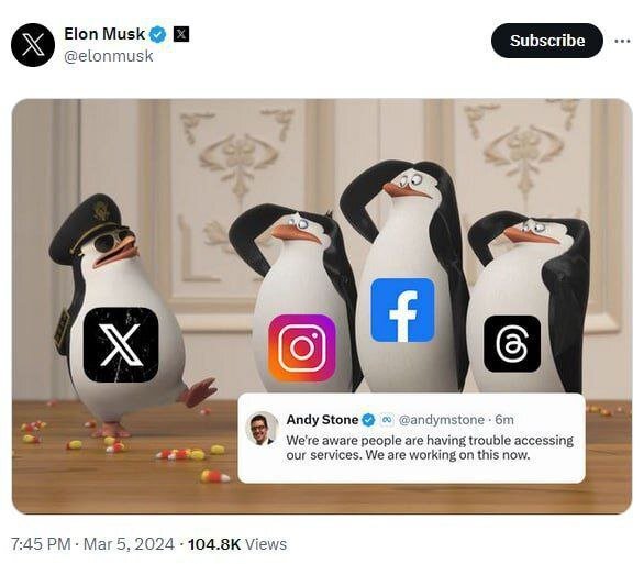 فرصت طلبی ایلان ماسک بعد از خارج شدن اینستاگرام از دسترس | طعنه پنگوئنی ایکس به اینستاگرام !
